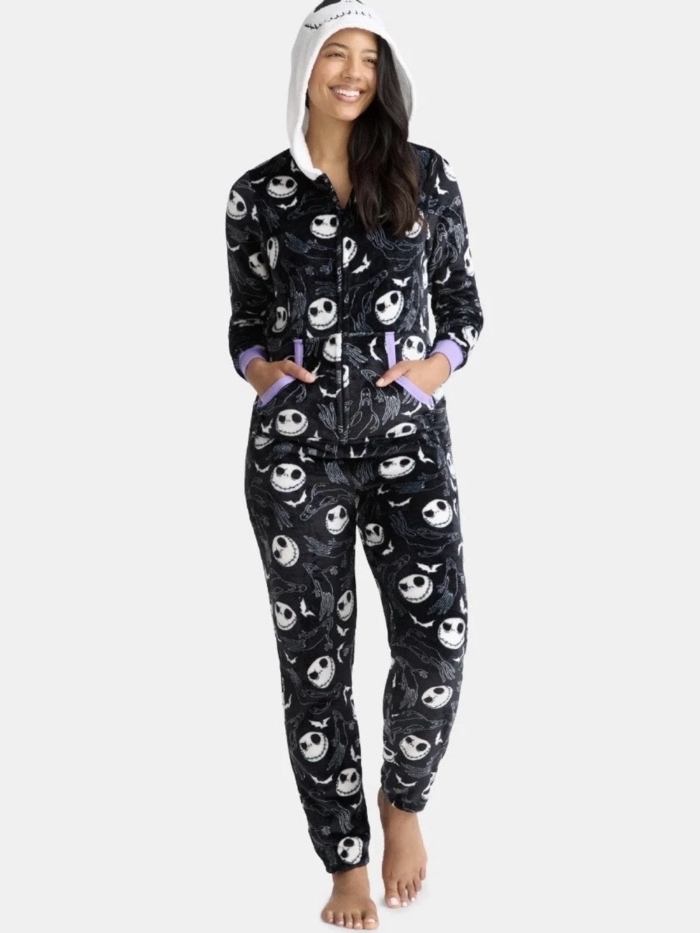 Cozy Black & White Jack Skellington Hooded Onesie Pajama